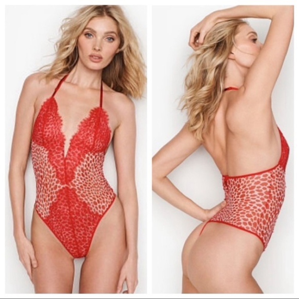 Victoria’s Secret red lips lace and mesh teddy